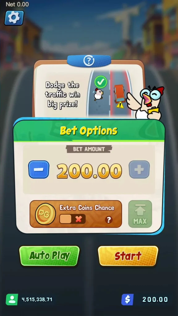 หน้าจอเมนูการตั้งค่าการเดิมพัน "Bet Options" ในเกม Chicken Run Fever แสดงตัวเลือกการเดิมพันและปุ่มควบคุม Auto Play