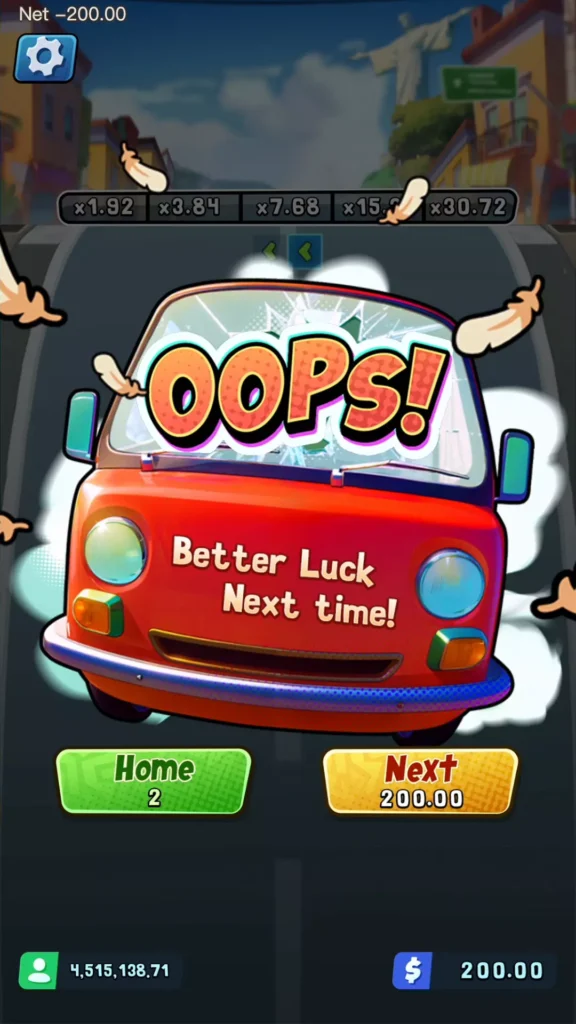 หน้าจอแสดงผล "Oops!" ในเกม Chicken Run Fever เมื่อเกมจบลง หรือผู้เล่นแพ้