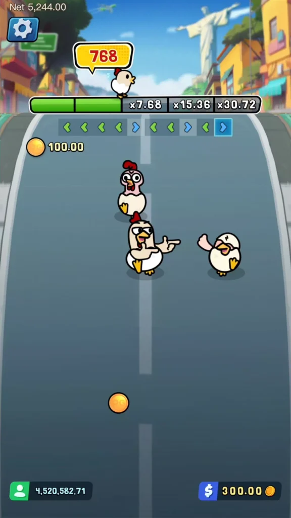 หน้าจอแสดงการเล่นเกมแนววิ่งของไก่ โดยมีไก่ตัวละครหลักวิ่งเก็บเหรียญบนถนนในเมือง