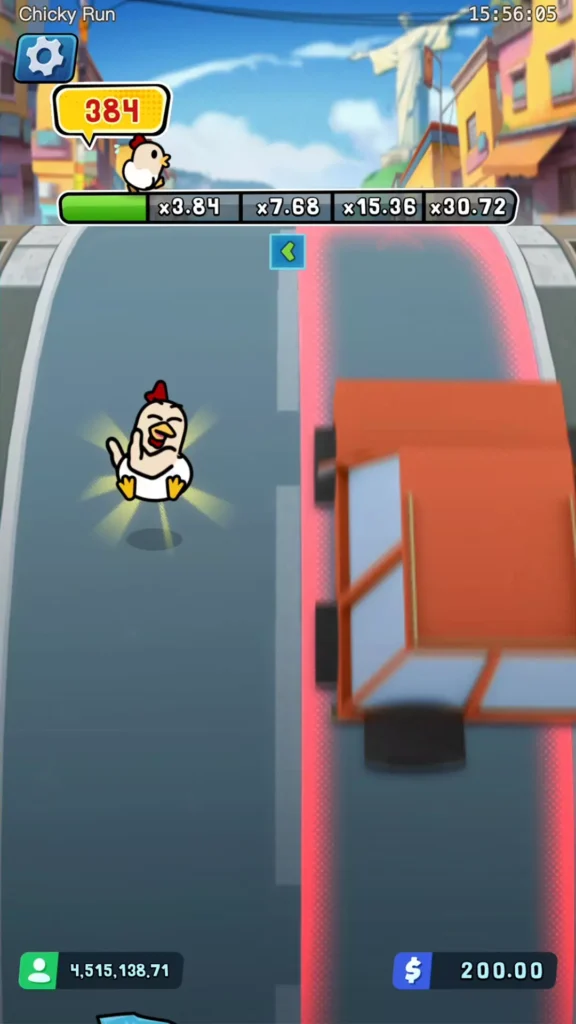 มุมมองในเกม Chicken Run Fever แสดงไก่ตัวละครหลักกำลังวิ่งอยู่บนถนน