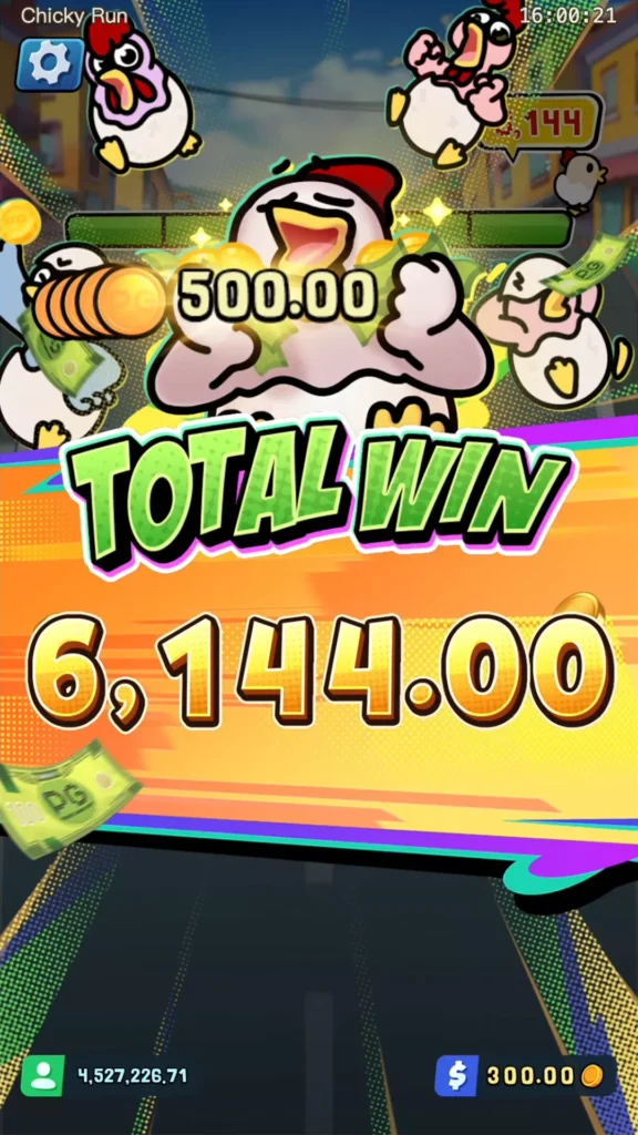 หน้าจอแสดงผลรวมการชนะ "Total Win" ในเกม Chicken Run Fever พร้อมจำนวนเงินรางวัลรวม 6,144.00