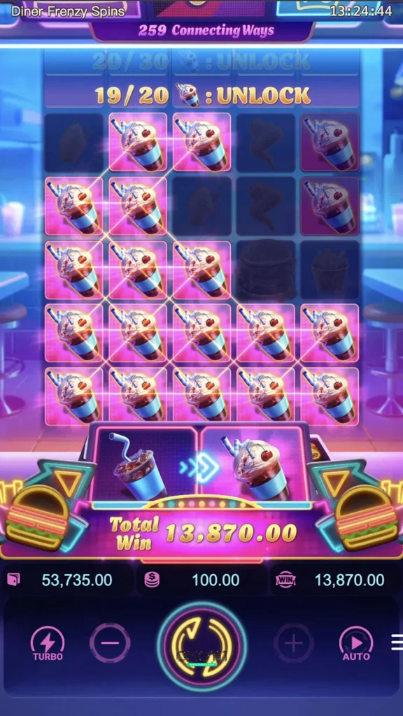 การสะสมสัญลักษณ์ในรอบโบนัสของเกม Diner Frenzy Spins เพื่อเปิดใช้งานฟีเจอร์พิเศษ