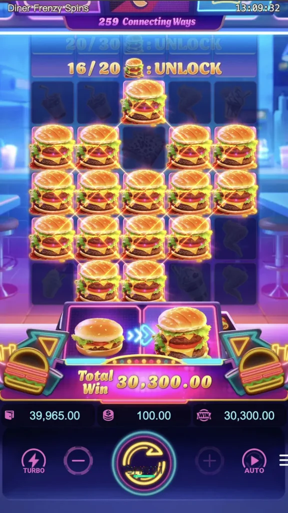 ตัวอย่างการเล่นเกม Diner Frenzy Spins ที่ชนะรางวัลใหญ่ด้วยสัญลักษณ์เบอร์เกอร์เต็มหน้าจอ