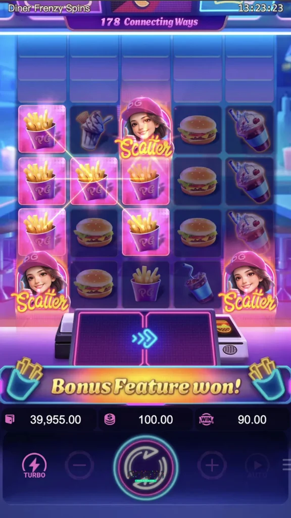 ไฮไลท์ฟีเจอร์รีลขยาย 7 แถว (Reel Expansion) ในรอบโบนัสฟรีสปินของ Diner Frenzy Spins