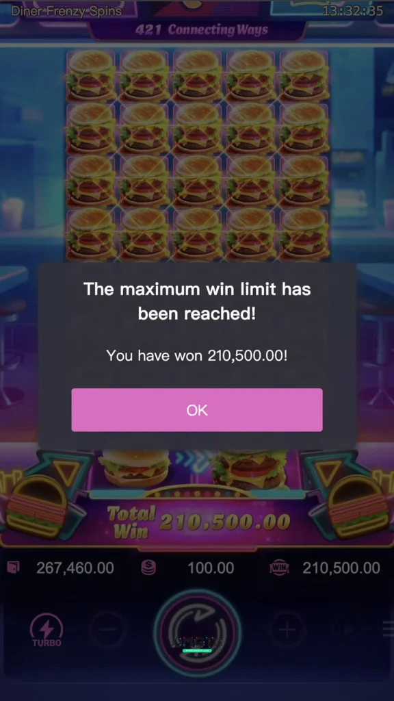 หน้าจอแสดงการชนะรางวัลสูงสุด (Max Win) ของเกมสล็อต Diner Frenzy Spins