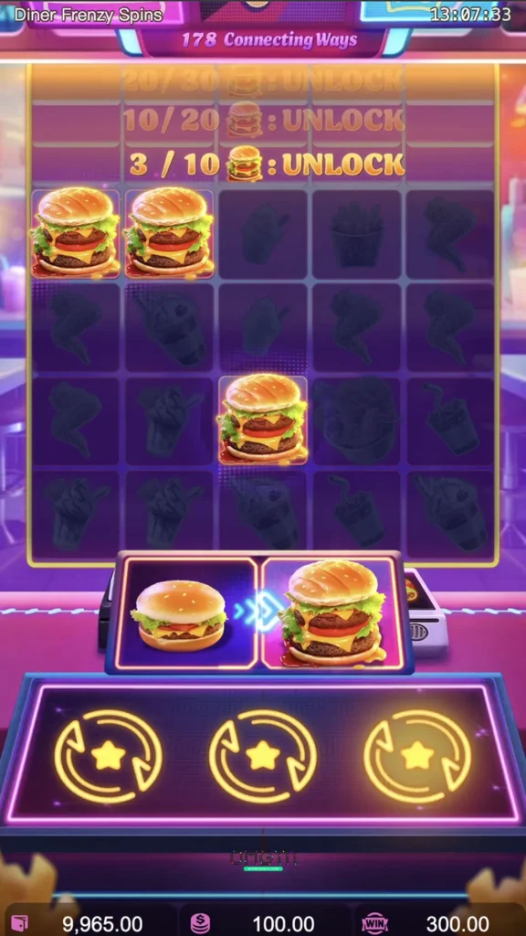 ฟีเจอร์ Sticky Symbol Respins ของเกมสล็อต Diner Frenzy Spins กำลังทำงาน