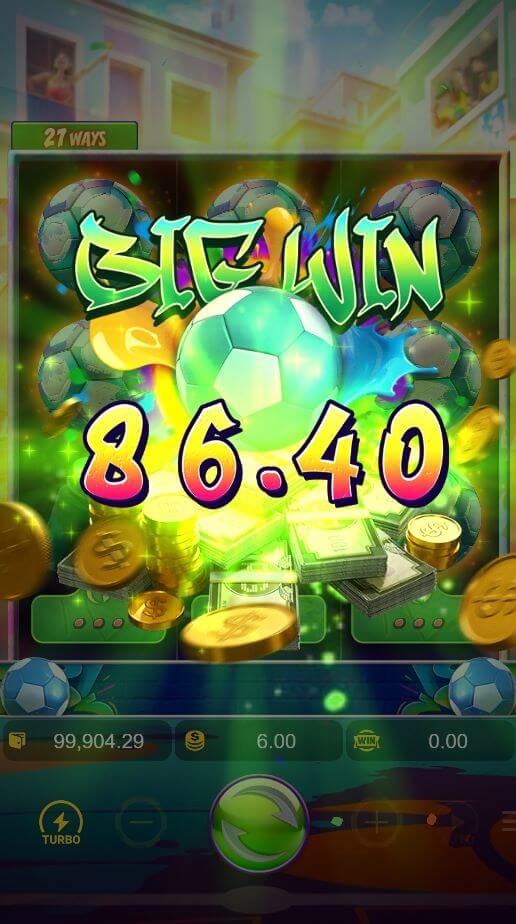 หน้าจอแสดงผล "Big Win" ในเกมสล็อต Futebol Fever พร้อมจำนวนเงินรางวัล