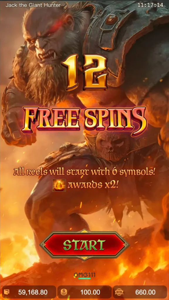 หน้าจอประกาศได้รับ 12 Free Spins ในเกม Jack The Giant Hunter แสดงตัวละครยักษ์และปุ่ม "START"