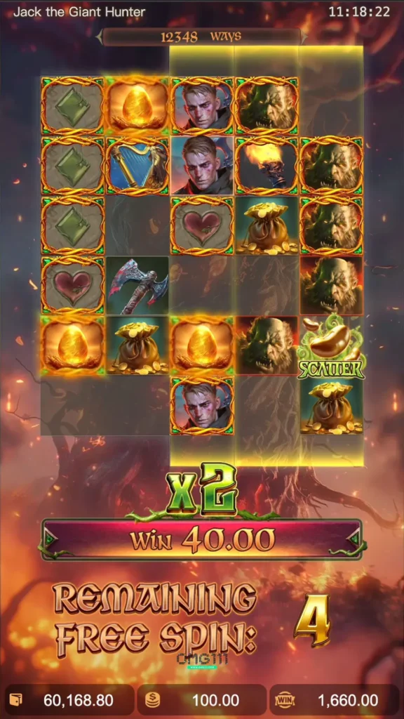 หน้าจอโหมด Free Spins ในเกม Jack The Giant Hunter แสดงตัวคูณรางวัล x2, ชนะ 10.00 และจำนวน Free Spin ที่เหลือ 4 ครั้ง
