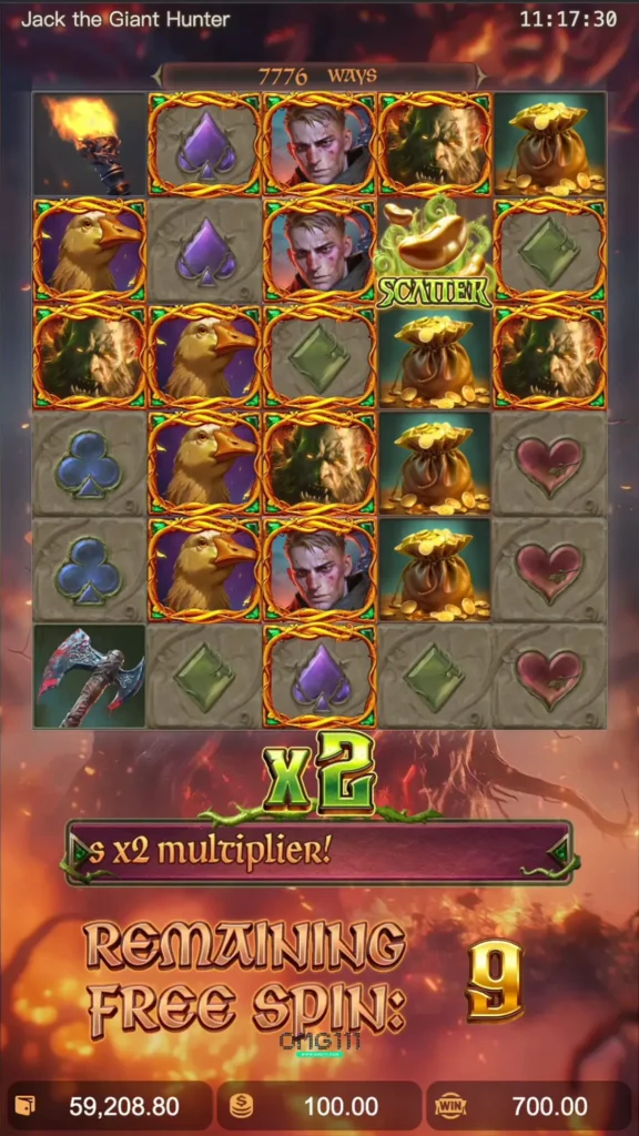 หน้าจอโหมด Free Spins ในเกม Jack The Giant Hunter แสดงตัวคูณรางวัล x2 และจำนวน Free Spin ที่เหลือ 9 ครั้ง
