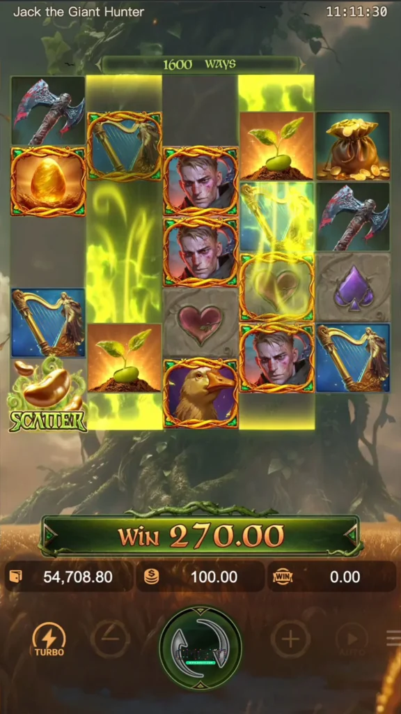 หน้าจอการเล่นเกม Jack The Giant Hunter แสดงผลชนะ 270.00 พร้อมสัญลักษณ์ Wild และ Scatter ปรากฏบนวงล้อ