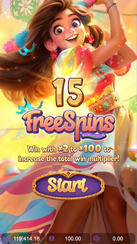 หน้าจอประกาศได้รับ 15 Free Spins ในเกมสล็อต Pinata Wins