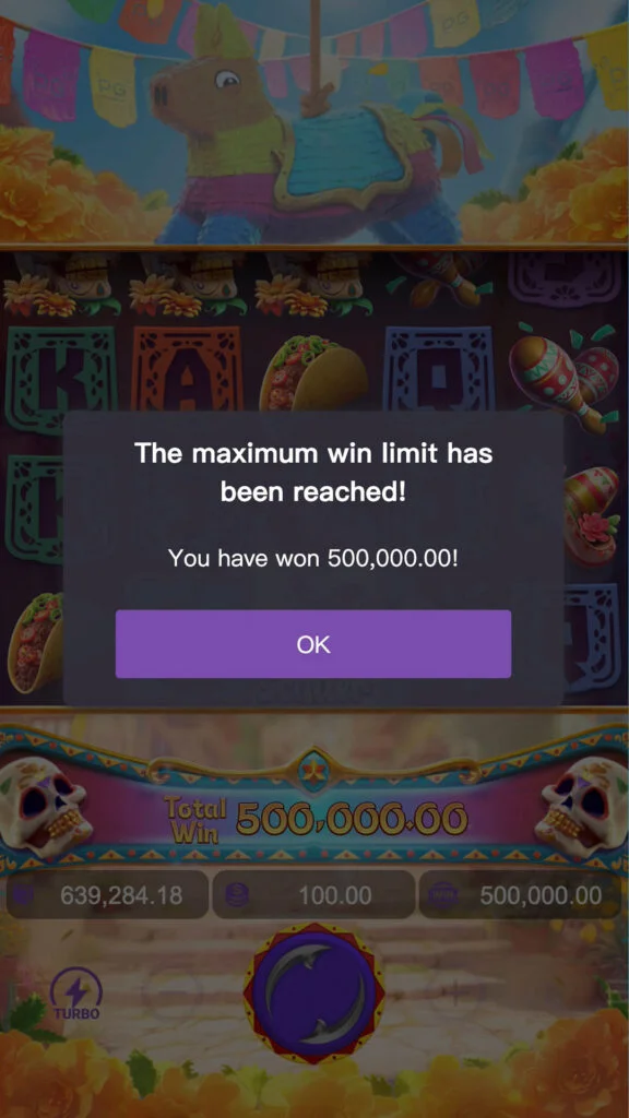 หน้าจอแจ้งเตือน "The maximum win limit has been reached!" ในเกมสล็อต Pinata Wins
