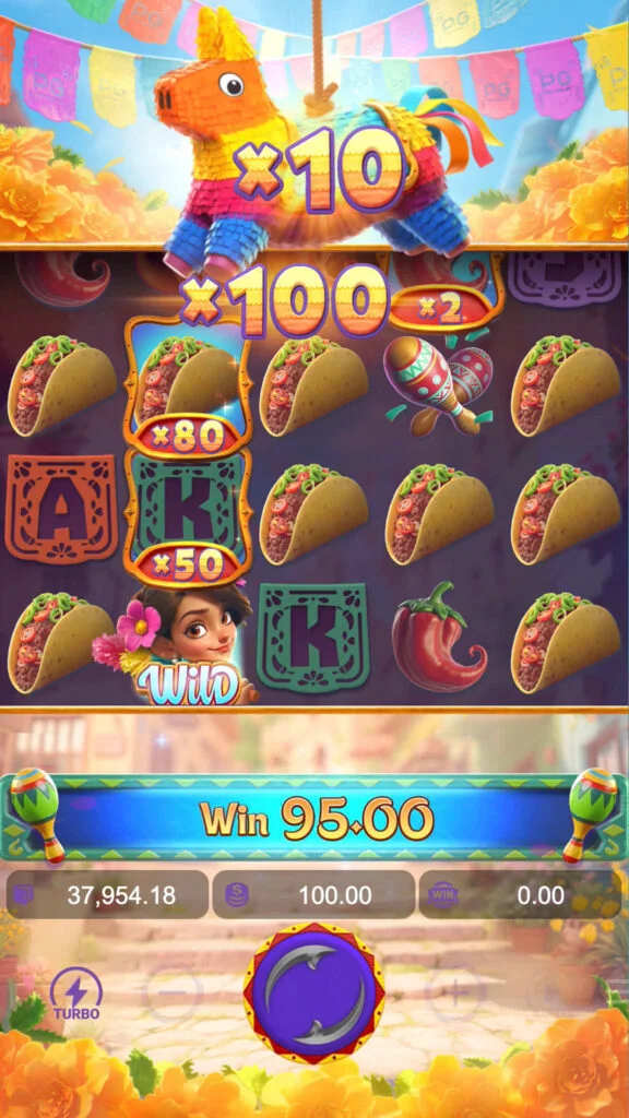 หน้าจอการเล่นเกมสล็อต Pinata Wins แสดงจำนวนเงินรางวัล