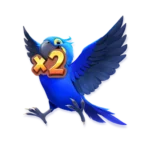 สัญลักษณ์นกสีฟ้าครามในเกมสล็อต Wings of Iguaza ที่มีป้าย "x2" แสดงถึงตัวคูณรางวัล