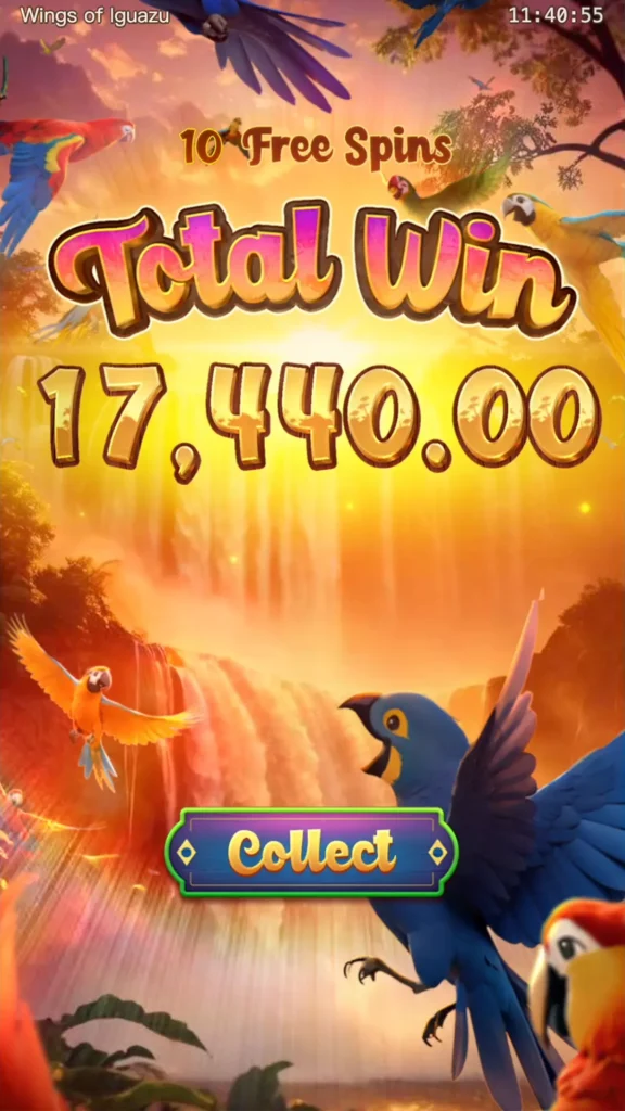 หน้าจอเกมสล็อต Wings of Iguaza แสดงรางวัลรวม "Total Win"