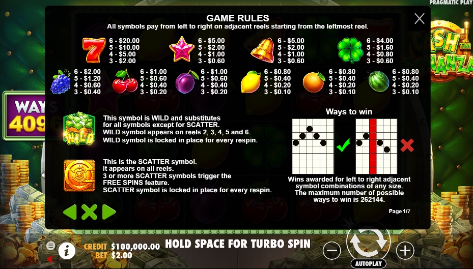 กฎระเบียบเกม PP SLOT Cash Bonanza